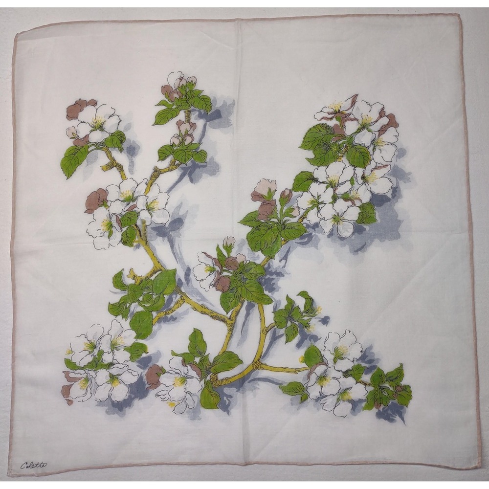 Vtg Designer Hankie Colette Dogwood Apple Blossom Pink Trim 15.5x15.75 floral